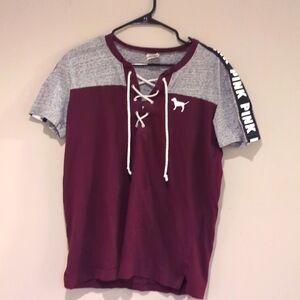 XL burgundy and Heather grey varsity lace up PINK T shirt.